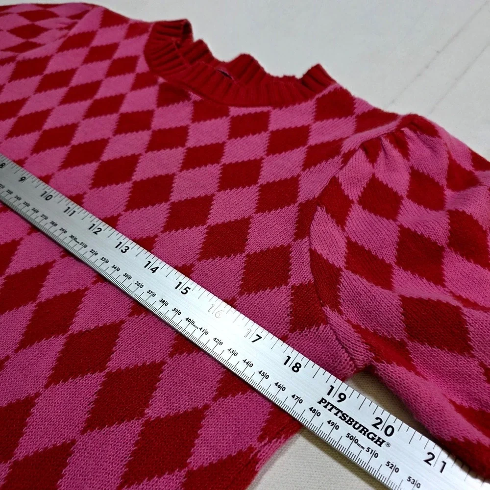 Forever 21 Sweater Womens Large Pink Red Argyle Short Sleeve Crop Knit Top 8000